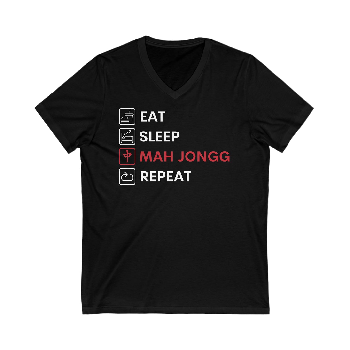 Jersey Short Sleeve V-Neck Tee: Eat, Sleep, Mah Jongg, Repeat