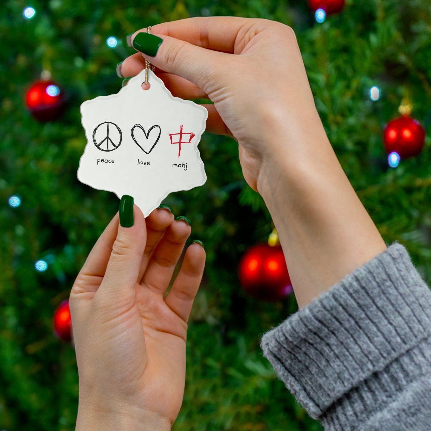 Ceramic Ornament - Peace, Love, Mahj - Holiday Decor