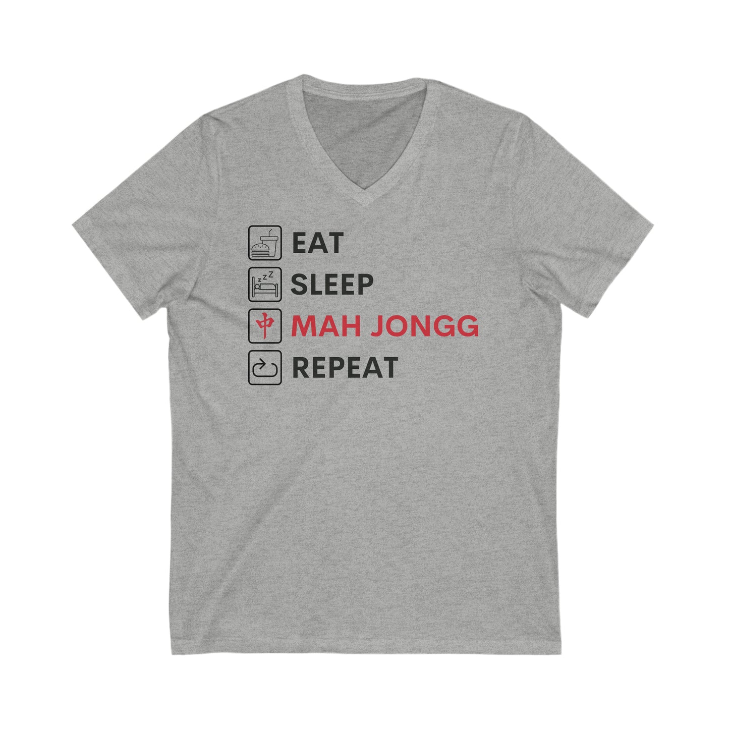 Jersey Short Sleeve V-Neck Tee: Eat, Sleep, Mah Jongg, Repeat