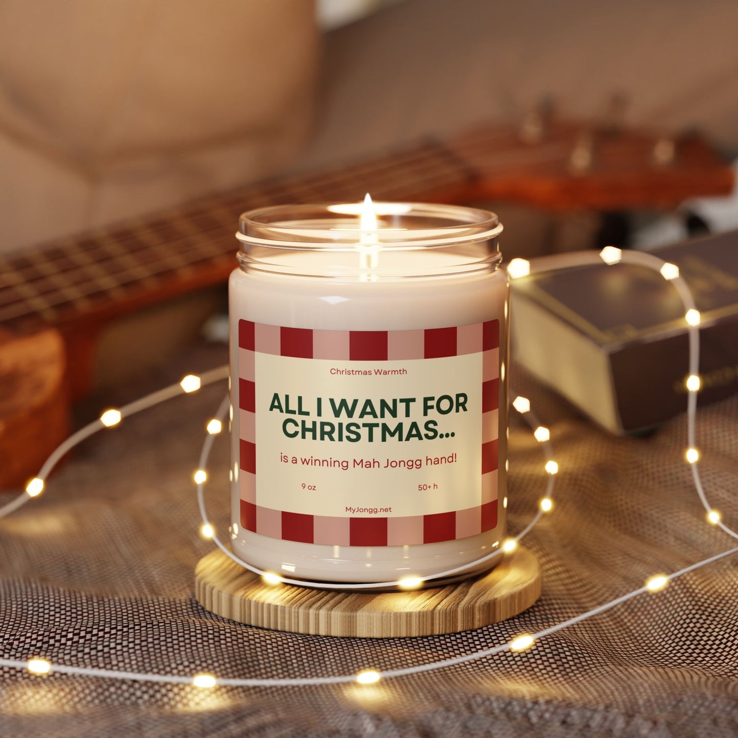 All I Want for Christmas Mah Jongg-Themed Soy Candle (9oz) - Red checks