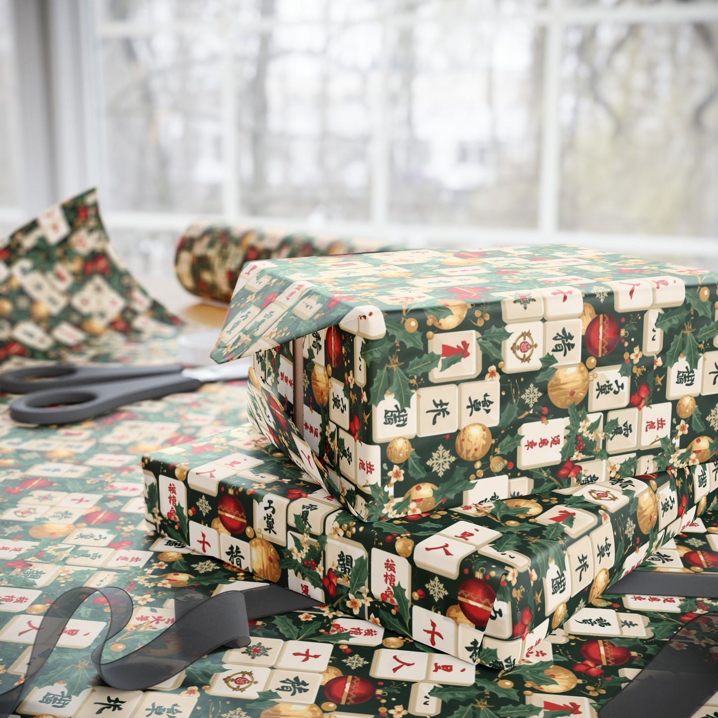 Vintage Asian-inspired Mah Jongg Holiday Wrapping Paper