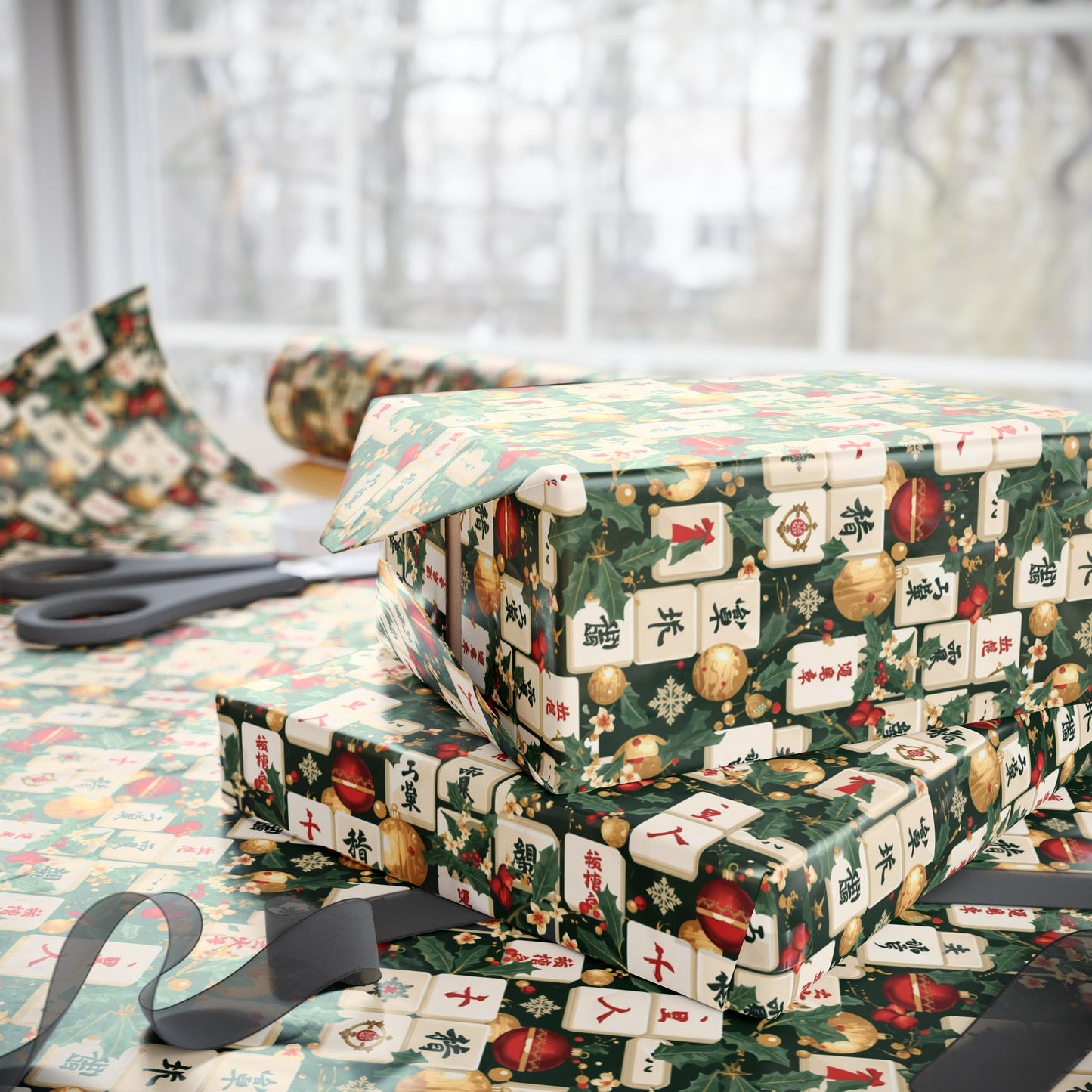 Vintage Asian-inspired Mah Jongg Holiday Wrapping Paper