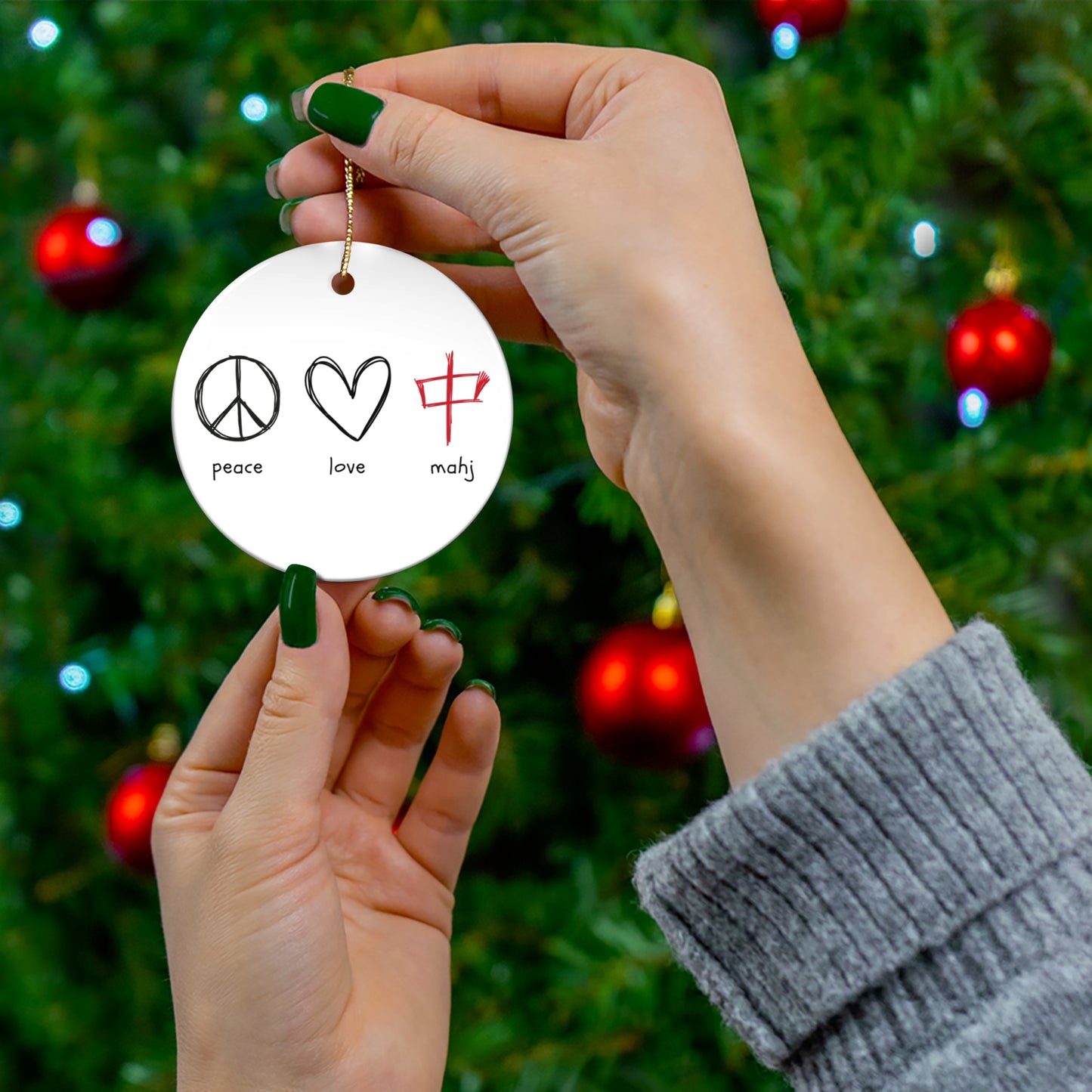 Ceramic Ornament - Peace, Love, Mahj - Holiday Decor