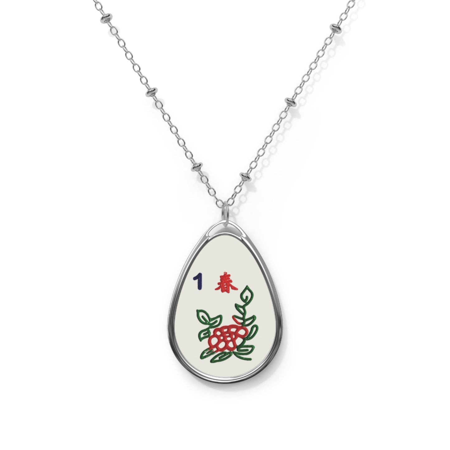 Oval Pendant Necklace with Mah Jongg Tile - Red Dragon, North Wind, Joker, or Flower