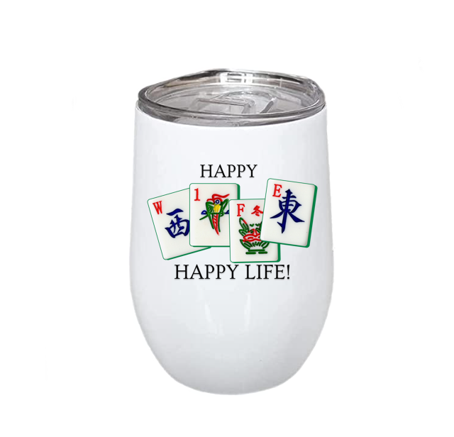 Happy WIFE Happy LIfe Mah Jongg-Themed Wine Tumbler with lid and straw
